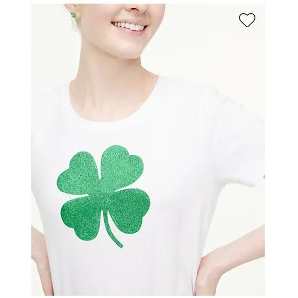 NWT J. Crew White W/Green Glitter Clover Graphic Tee - Picture 6 of 10